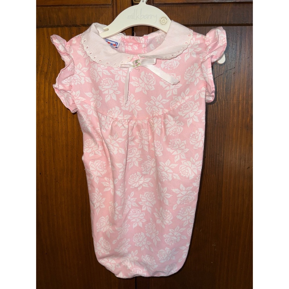 Vintage Doe-Spun Pink Floral Rose Bubble Romper Peter Pan Collar 18M